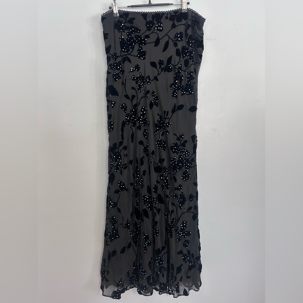 XSCAPE Black Velvet Burnout Silk Beaded Maxi Skirt 16 Formal Evening Wedding - Picture 2 of 15